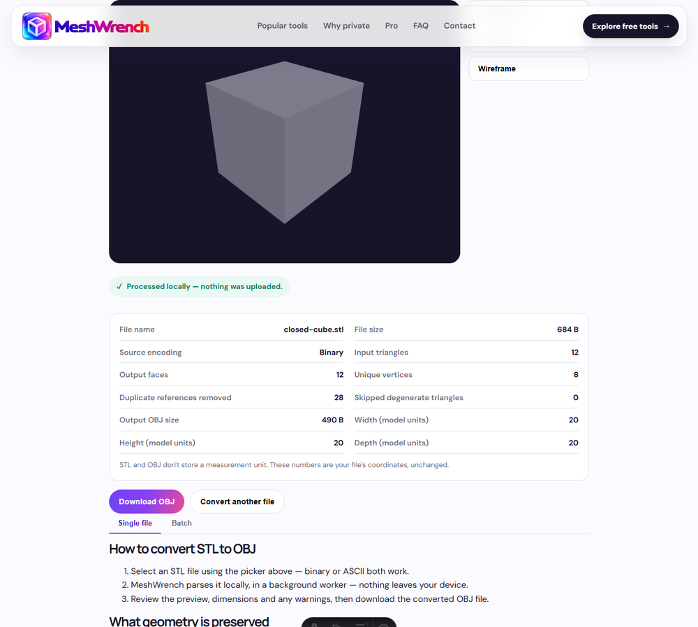 STL to OBJ converter showing a converted cube model, with a results panel listing file name, triangle and vertex counts, and a Download OBJ button