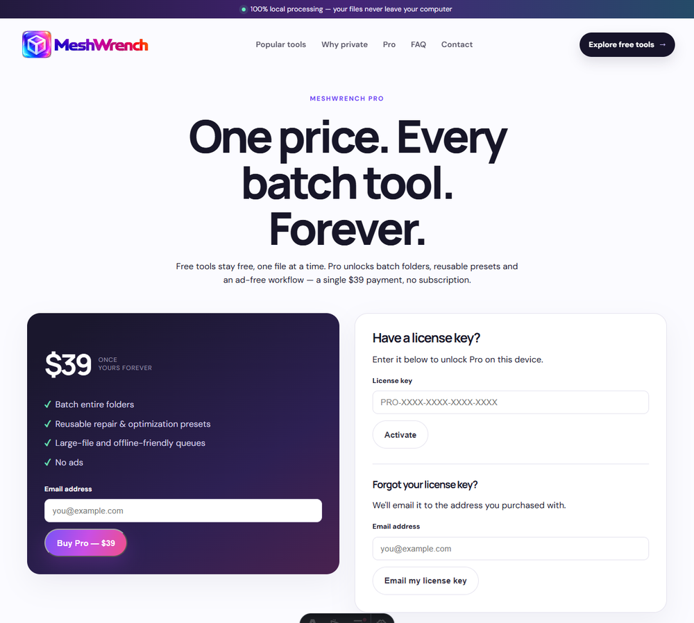 The MeshWrench pricing page, showing the $39 Buy Pro form on the left and the Have a license key / Forgot your license key forms on the right