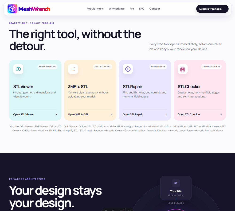 The MeshWrench homepage tool grid, showing the STL Viewer, 3MF to STL, STL Repair and STL Checker cards plus the full list of every other live tool