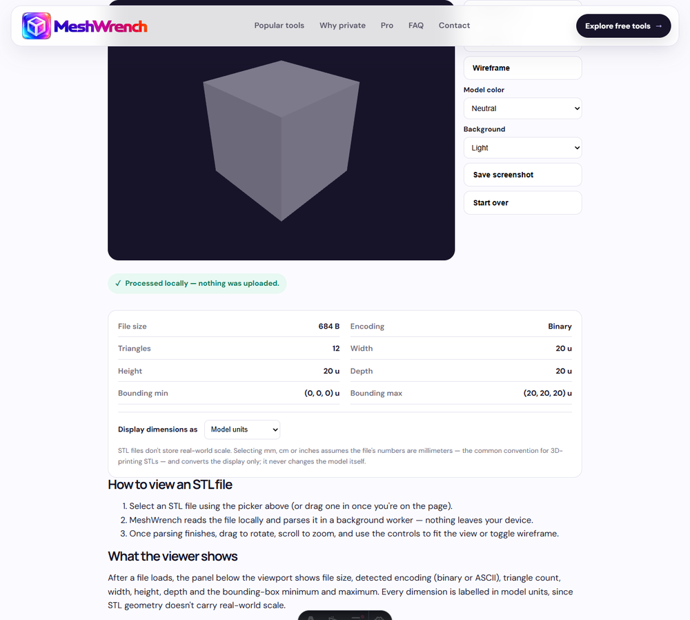 STL Viewer showing a loaded cube model in the 3D viewport, with a model information panel below listing file size, encoding, triangle count and dimensions
